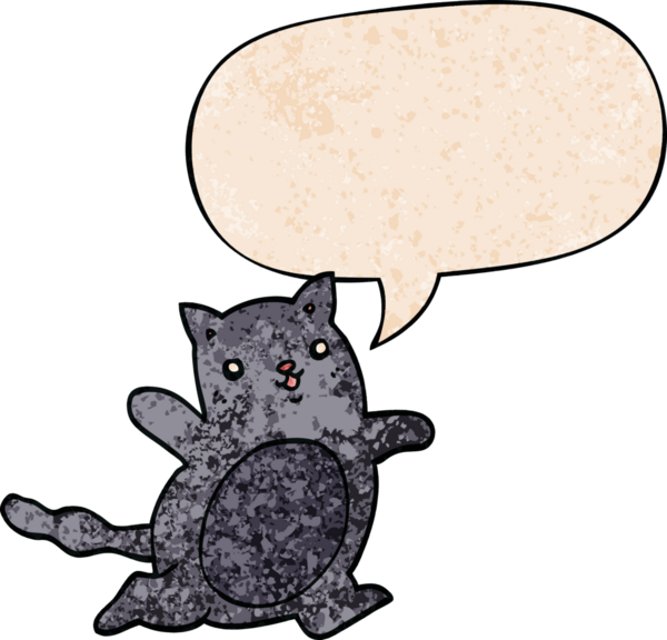 Konuşma baloncuğu olan çizgi film kedisi insan tarafından çizilmiş eski moda dokular.