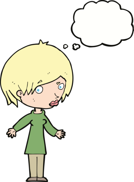 Bir insan tarafından çizilmiş düşünce baloncuğuyla omuz silken çizgi film kadını.