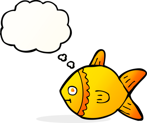 Bir insan tarafından çizilmiş düşünce baloncuklu çizgi film balığı.