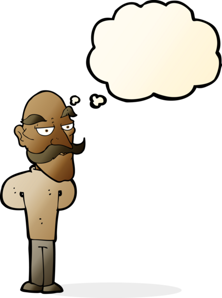 Düşünce baloncuğu çizilmiş bıyıklı yaşlı bir adam.