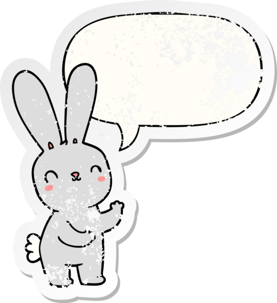 Konuşma baloncuğu olan sevimli çizgi film tavşanı bir insan tarafından çizilmiş sıkıntılı eski bir çıkartma