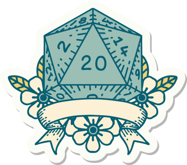 Bir insan tarafından çizilmiş 20 kritik vuruşluk D20 zar etiketi.