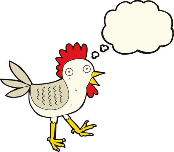 Bir insan tarafından çizilmiş düşünce balonlu komik çizgi film tavuğu.