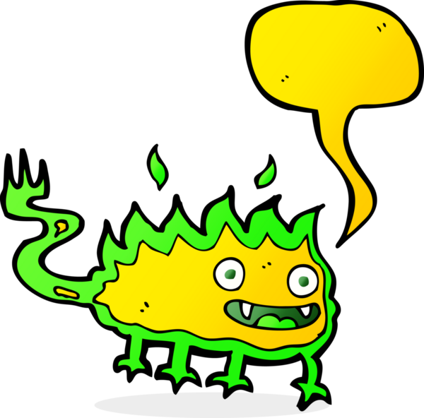 Bir insan tarafından çizilmiş konuşma balonu olan küçük ateş şeytanı çizgi filmi.