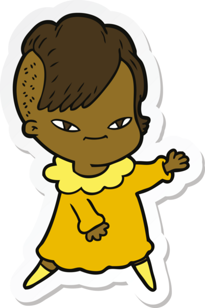 Hipster saç kesimi bir insan tarafından çizilmiş şirin bir çizgi film kızına ait etiket.