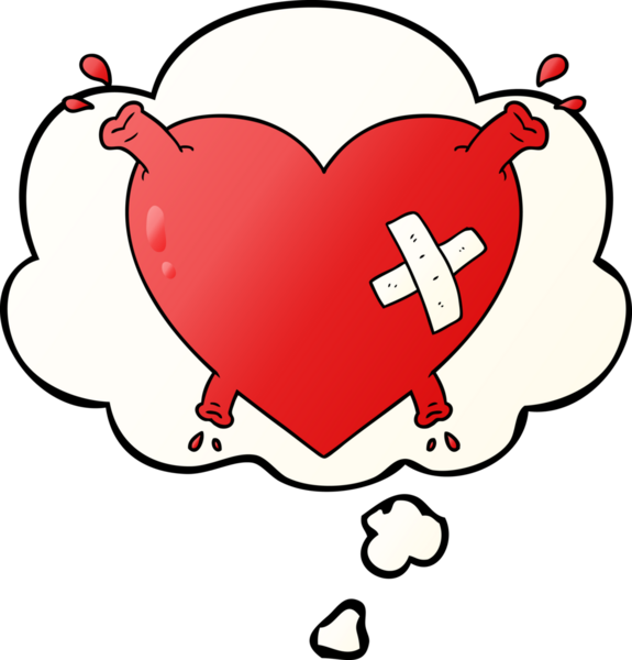 Karikatür kalbi, insan tarafından çizilmiş düşünce kabarcığıyla kan fışkırtıyor.