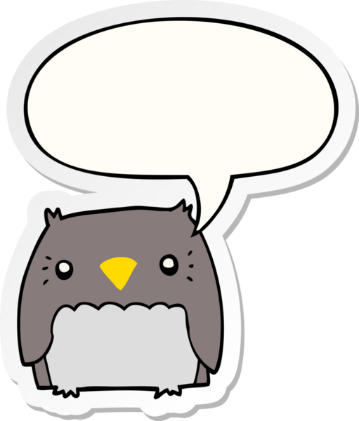 Bir insan tarafından çizilmiş konuşma kabarcığı çıkartmalı sevimli çizgi film baykuşu.