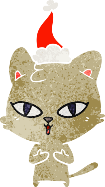 Bir insan tarafından çizilmiş Noel Baba şapkası takan bir kedinin retro karikatürü.
