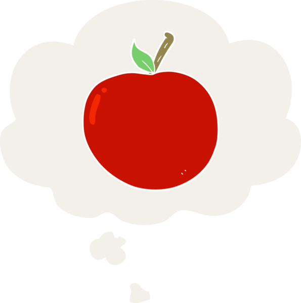 insan tarafından çizilmiş, düşünce baloncuklu çizgi film elması.