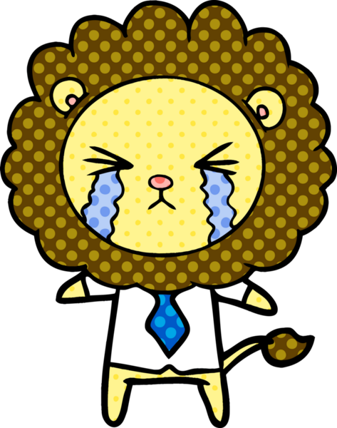 Bir insan tarafından çizilmiş gömlek ve kravat giyen ağlayan bir aslan.