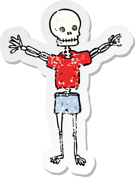 Bir insan tarafından çizilmiş kıyafetlerle çizilmiş karikatür iskeletinin geriletilmiş etiketi.