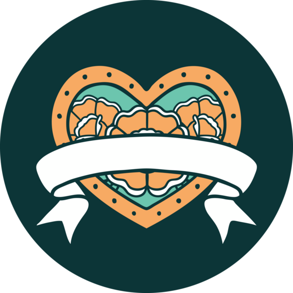 İkonik dövme stili bir kalp ve bir insan tarafından çizilmiş çiçekli pankart.