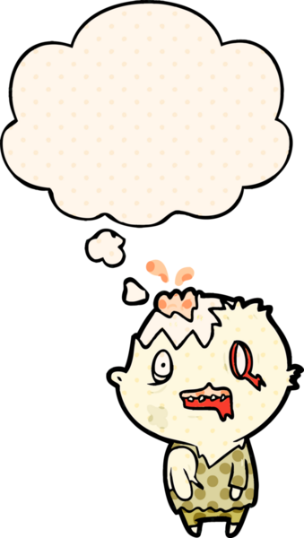 Bir insan tarafından çizilmiş çizgi roman tarzında düşünce balonu olan bir zombi çizgi filmi.