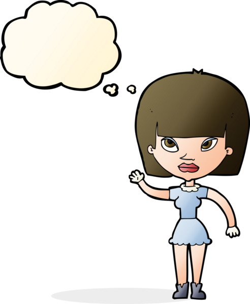 Bir insan tarafından çizilmiş düşünce baloncuğuyla el sallayan çizgi film kadını.