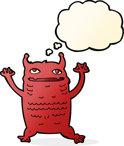 Bir insan tarafından çizilmiş düşünce balonu olan küçük bir canavar.
