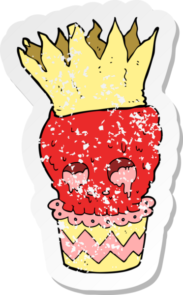 Bir insan tarafından çizilmiş ürkütücü kafataslı kek karikatürünün gerilimli retro yapıştırması.