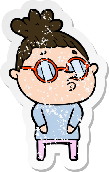 Bir insan tarafından çizilmiş gözlük takan karikatürlü bir kadının sıkıntılı çıkartması.