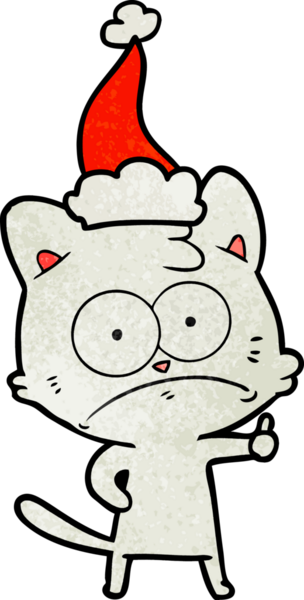 Bir insan tarafından çizilmiş Noel Baba şapkası takan gergin bir kedinin el çizimi karikatürü.