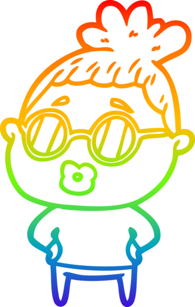 Gökkuşağı gradyan çizgi çizimi bir insan tarafından çizilmiş gözlük takan bir kütüphaneci kadın.