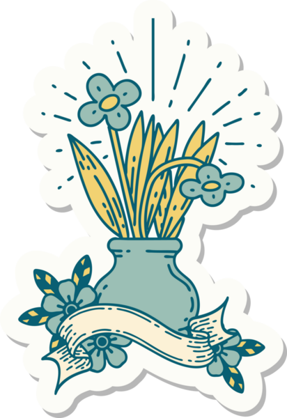 Bir insan tarafından çizilmiş vazoya dövme stili çiçek yapıştırması.