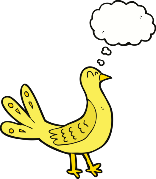 Bir insan tarafından çizilmiş düşünce baloncuklu çizgi film kuşu.