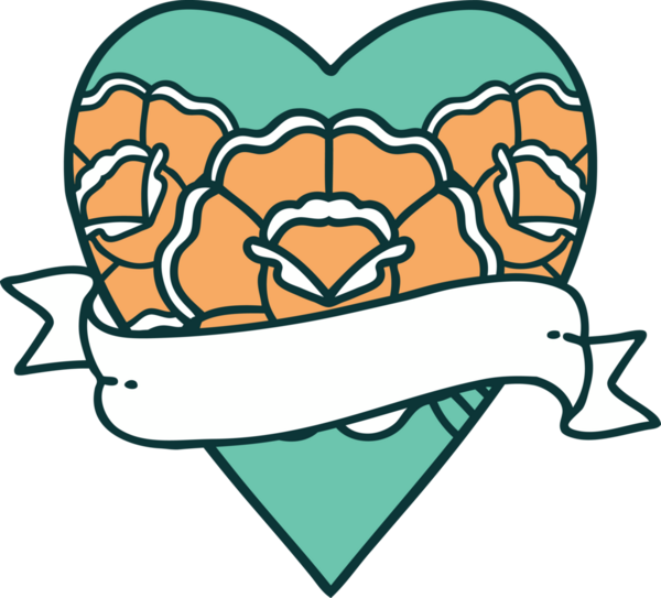 İkonik dövme stili bir kalp ve bir insan tarafından çizilmiş çiçekli pankart.