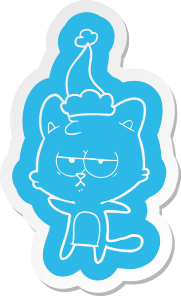 Bir insan tarafından çizilmiş Noel Baba şapkası takan bir kedinin garip çizgi film çıkartması.