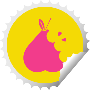 Bir insan tarafından çizilmiş yeşil bir armutun dairesel kabuk soyma etiketi.