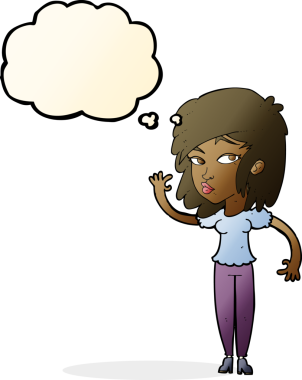 Bir insan tarafından çizilmiş düşünce baloncuğuyla el sallayan güzel bir kadın.