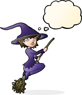 Bir insan tarafından çizilmiş düşünce balonuyla süpürgeye binen cadı çizgi filmi.