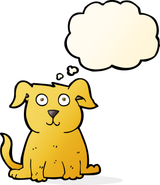 Bir insan tarafından çizilmiş düşünce balonlu mutlu bir köpek.