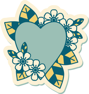 Bir insan tarafından çizilmiş botanik kalbin geleneksel stiliyle dövme çıkartması.