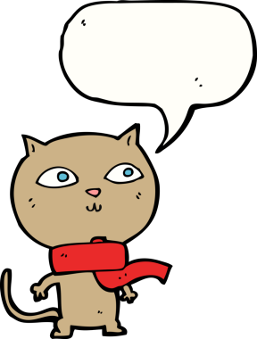 Bir insan tarafından çizilmiş konuşma balonlu eşarp giyen komik bir kedi.
