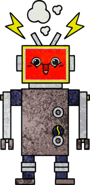 Bir insan tarafından çizilmiş mutlu bir robotun retro grunge dokusu.