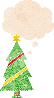 Düşünce baloncuğu olan karikatür noel ağacı grunge sıkıntılı retro dokuma tarzı bir insan tarafından çizilmiş