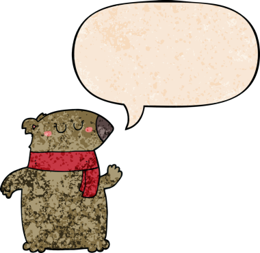 Bir insan tarafından çizilmiş eski dokuda konuşma baloncuğu olan eşarplı çizgi film ayısı.