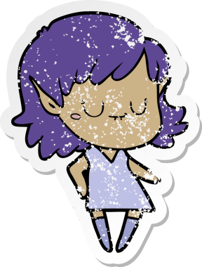 Bir insan tarafından çizilmiş bir elbise giyen mutlu bir elf kızının sıkıntılı çıkartması.