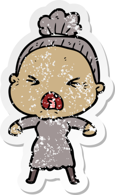 Bir insan tarafından çizilmiş kızgın yaşlı bir kadının sıkıntılı çıkartması.