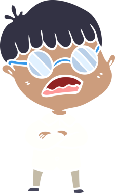 Düz renkli çizgi film karakteri, çapraz kollu, gözlük takan bir insan tarafından çizilmiş.