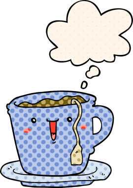 Bir insan tarafından çizilmiş çizgi roman tarzında düşünce baloncuğu olan tatlı bir çizgi film fincanı ve çay tabağı.