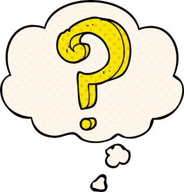 Çizgi roman tarzında bir insan tarafından çizilmiş düşünce baloncuklu soru işareti