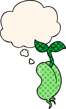 Çizgi roman tarzında bir insan tarafından çizilmiş düşünce baloncuğu ile filizlenen çizgi film tohumu