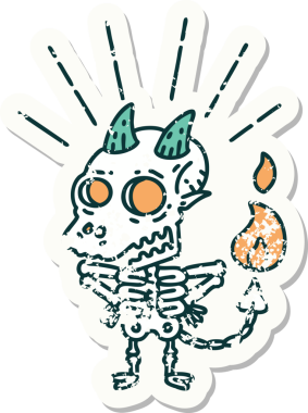 Bir insan tarafından çizilmiş eski bir dövme stili iskelet şeytan karakteri çıkartması.