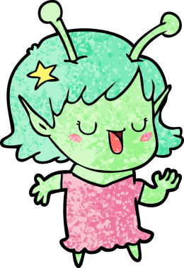 Bir insan tarafından çizilmiş mutlu uzaylı kız çizgi filmi.