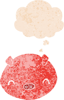 Homurdanan düşünce baloncuklu çizgi film domuzu bir insan tarafından çizilmiş dertli retro stili.