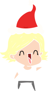 Bir insan tarafından çizilmiş Noel Baba şapkası takan mutlu bir kadının düz renkli çizimi.