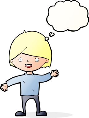 Bir insan tarafından çizilmiş düşünce baloncuğu olan bir çocuk.