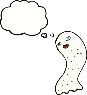 Bir insan tarafından çizilmiş düşünce baloncuklu komik çizgi film hayaleti.