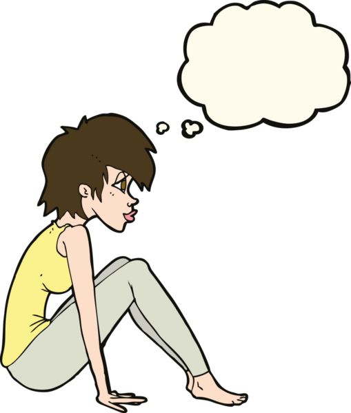 Bir insan tarafından çizilmiş düşünce baloncuğuyla oturan çizgi film kadını.