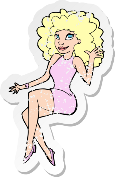 Bir insan tarafından çizilmiş, karikatürde oturan bir kadının gerilimli retro yapıştırması.